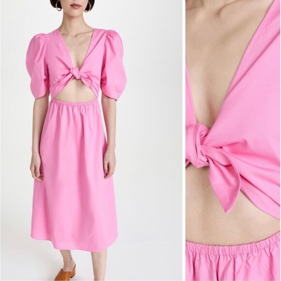 WAYF Peggy Cutout Short Puff Sleeve Midi Dress V-Neck A-Line Pink Women’s XL - Picture 1 of 8